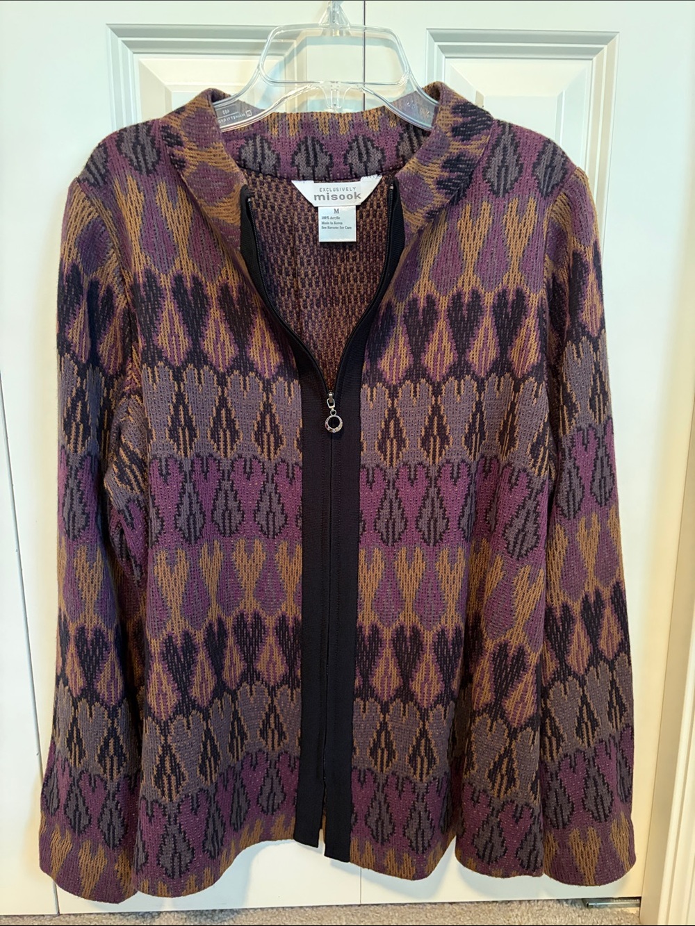 Exclusively Misook Purple and Gold Patterned Zip-Front Cardigan